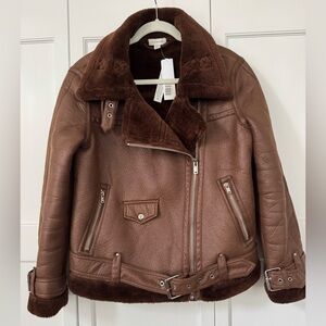 Topshop Brown Faux Leather Shearling Aviator Biker with Shearling NWT size 6